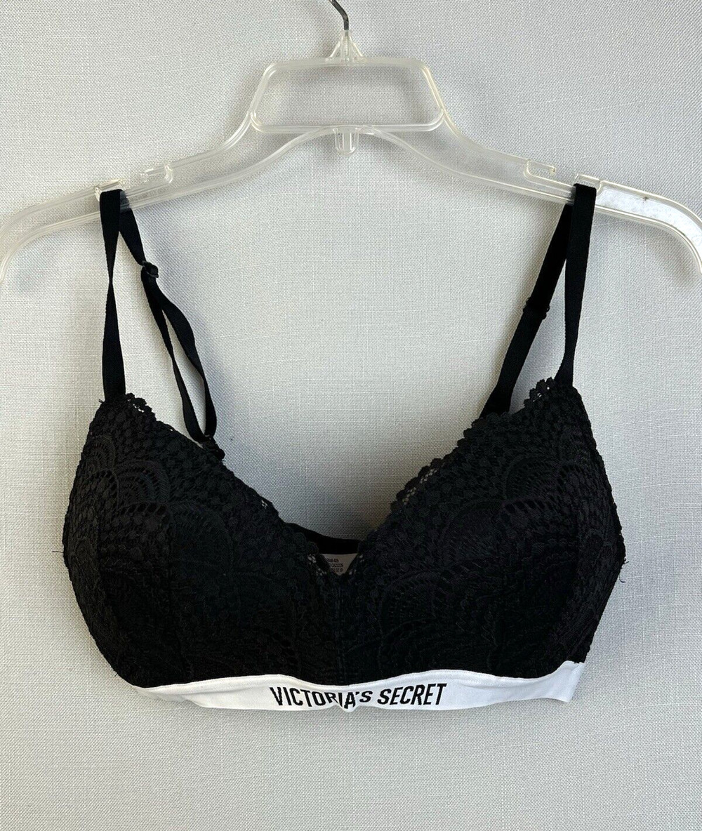 Victoria's Secret Bra Women's 36C Black Lace Lightly Padded No Wire Logo